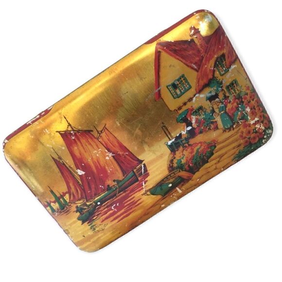 Blue Bird Toffee Tin Boat Village Design Hinged England Vtg Harry Vincent Candy. - Picture 12 of 16